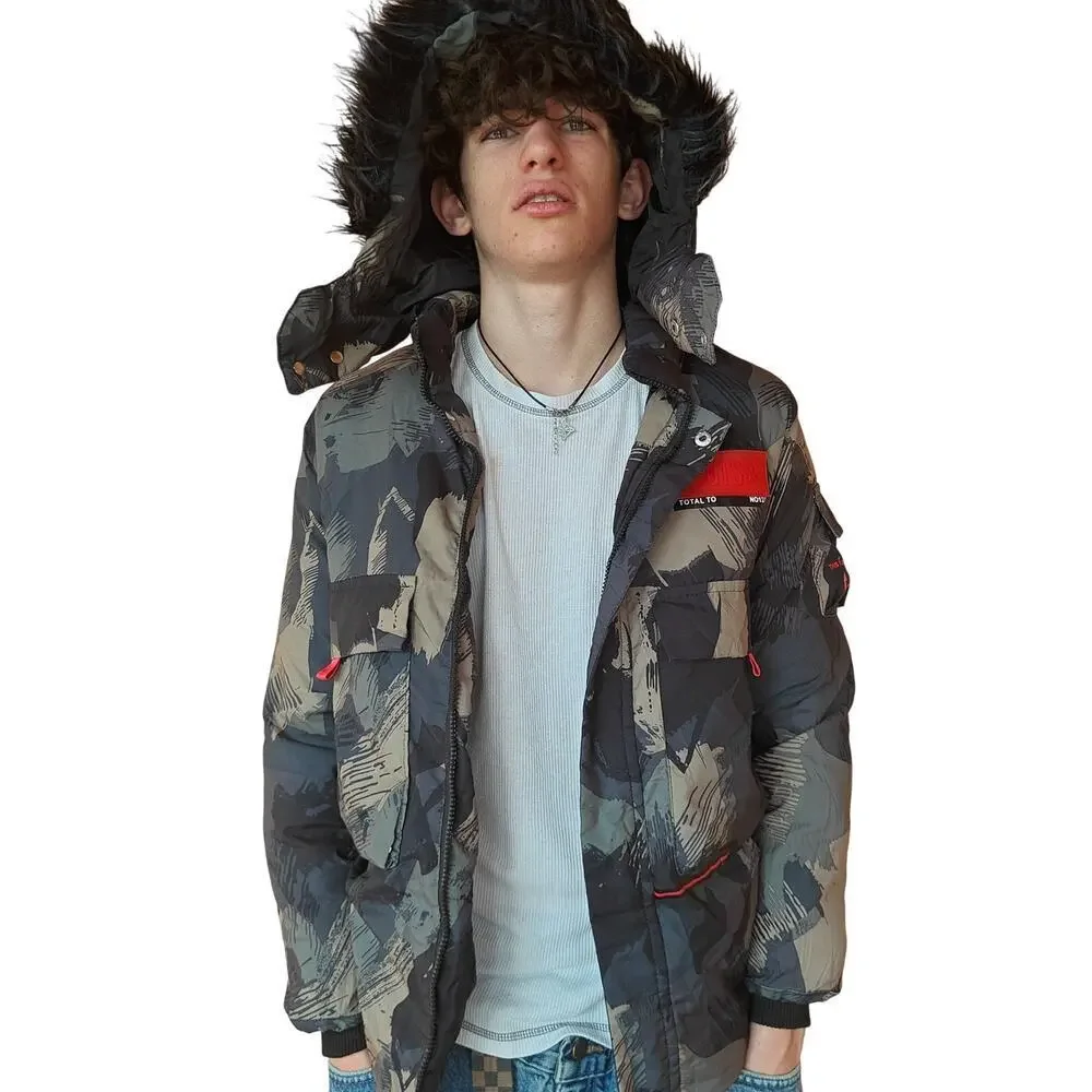 Hooded Abstract Camo Puffer Jacket Red Accents Unbranded 160 (20x28)